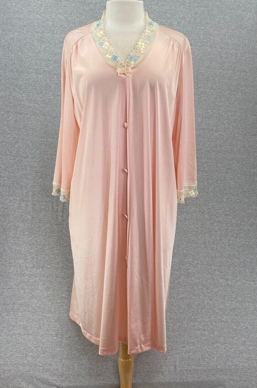 Vintage Vanity Fair Robe Womens 40 Pink Peignoir Lace Long Sleeve Nylon USA